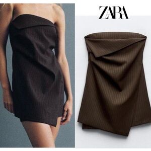 Zara brown blue micro pinstripe strapless mini dress Sz S NWOT new without tag